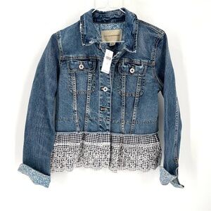 ANTHROPOLOGIE NEW Pilcro Eyelet Button Front Gingham Ruffle Denim Jacket